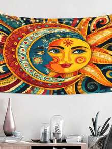 Vintage Sun Face Tapestry Wall Hanging - & 40x60 Inch Polyester Art Decor - 黑色 - 查看 2