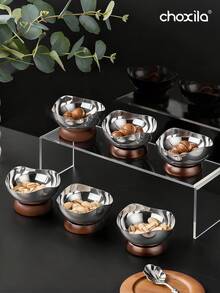 choxila 1pc/2pcs Stainless Steel Dessert Bowl With Wooden Base, Nut Bowl, Snack Bowl, Date Palm Bowl, Fruit Bowl, Creative Fruit Snack Cup, Multifunctional Dessert Cup, Dining Plate, Hospitality Tray, Used For Family Gatherings, Afternoon Tea, Living Room, Office, Hotel, Weddings, Ramadan Party Supplies - Dessert Bowl - View 1