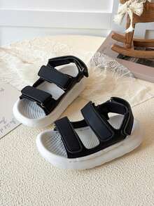 Kids Fashion Flat Beach Sandals, Unisex Hook And Loop Casual Slippers - Black - View 1