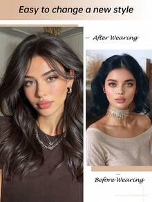 20 Inch Long Wavy Curly Dark Brown Black Wig With Bangs, Heat Resistant Synthetic Fiber Wigs Hair Natural-Looking Hairpiece For Women Daily Wear, Party & Casual Style - 棕色 - 查看 2