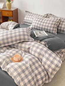 4pcs Grey Plaid Bedding Set (1 Duvet Cover, 2 Pillowcases, 1 Flat Sheet), Modern Elegant Style, Skin-Friendly Comfortable, Suitable For Twin/Full/Queen Beds, All Seasons