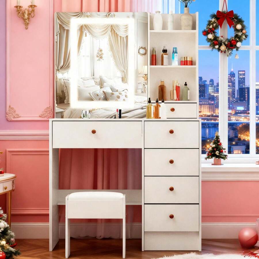 Large LED Dressing Table MakeUp Desk LED Sliding Mirror Drawers Stool Vanity Set - White - View 1