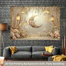 2D平面涤纶斋月横幅1件，梦幻新月墙饰，饰有花卉和灯笼元素，开斋节拍照道具及用品，适用于穆斯林斋月和宰牲节庆祝活动，伊斯兰主题节日装饰 - 1件 - 查看 3