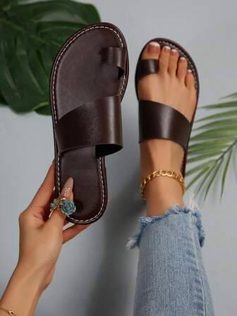 Women's Toe Strap Flat Sandals, Simple Comfortable Slip-On Slides, Casual Outdoor Beach Flip Flops