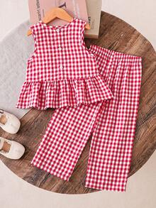 Toddler Spring/Summer Red & White Plaid Set, Cute Bow Tie Sleeveless Top Paired With Wide Leg Pants, Fresh & Stylish 2-Piece Casual Outfit - Pink - View 3