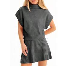 - Conjunto de falda de 2 piezas para mujer, conjunto de suter 2025 con cuello alto, manga casquillo y minifalda plisada, trajes de viaje - Gris oscuro + M - Ver 2