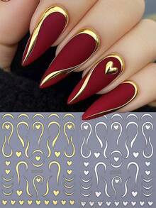 2片金属心形条纹美甲贴纸 3D 金银色情人节法式线条甜心美甲设计 DIY Y2K 全息朋克浪漫自粘沙龙贴纸滑块美甲装饰美甲用品 - 彩色 - 查看 1