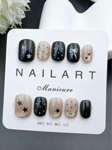 10件套，黑白短椭圆美甲贴片，可佩戴美甲，手工制作，优雅精致设计，高端法式风格，哑光，凝胶指甲油，闪粉，猫眼效果，金属光泽，全覆盖假指甲片，包含1管凝胶指甲油、1根指甲钳和1条抛光条。适合派对、旅行、跳舞、日常佩戴，也可作为礼物。美甲用品 - 黑與白 - 查看 2