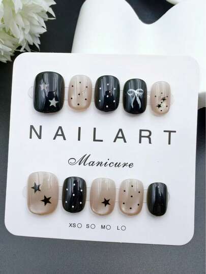 10件套，黑白短椭圆美甲贴片，可佩戴美甲，手工制作，优雅精致设计，高端法式风格，哑光，凝胶指甲油，闪粉，猫眼效果，金属光泽，全覆盖假指甲片，包含1管凝胶指甲油、1根指甲钳和1条抛光条。适合派对、旅行、跳舞、日常佩戴，也可作为礼物。美甲用品