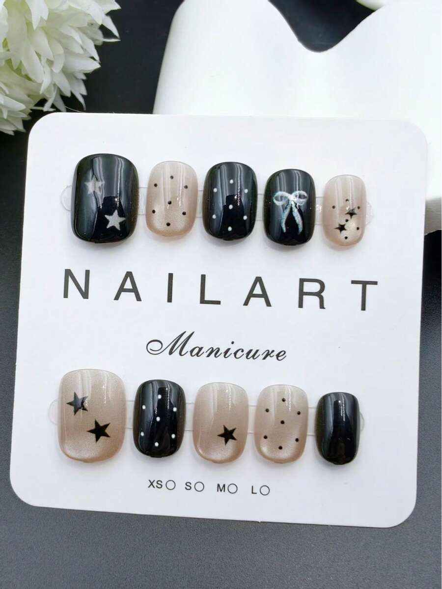 10件套，黑白短椭圆美甲贴片，可佩戴美甲，手工制作，优雅精致设计，高端法式风格，哑光，凝胶指甲油，闪粉，猫眼效果，金属光泽，全覆盖假指甲片，包含1管凝胶指甲油、1根指甲钳和1条抛光条。适合派对、旅行、跳舞、日常佩戴，也可作为礼物。美甲用品