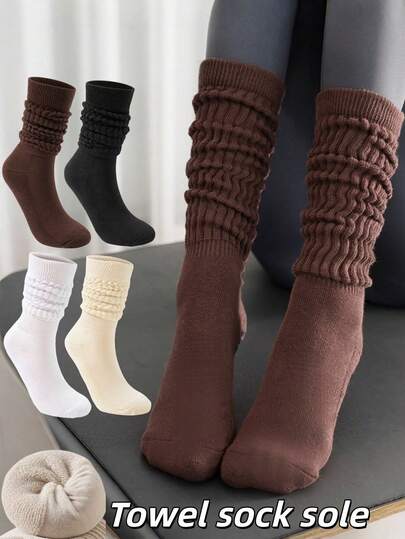 Solid Color Thick Warm & Comfortable Women Over-The-Knee Socks, Warm Towel Fabric Socks, Mid-Calf Socks, Knee-High Socks, Calf Socks, Long Socks, Pleated Over-The-Knee Socks, Indoor Yoga Socks, Solid Color Sports Pilates Grip Socks, Suitable For Autumn/Winter
