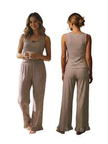 2Pcs Pajamas Sets for Women Sleeveless Bow Decor Striped Vest Tops with Elastic Waist Pants Loungewear - Marrón - Ver 9
