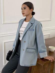 Livesso 女士牛仔夹克牛仔西装外套，秋季服装 - 淺色水洗藍 - 查看 4