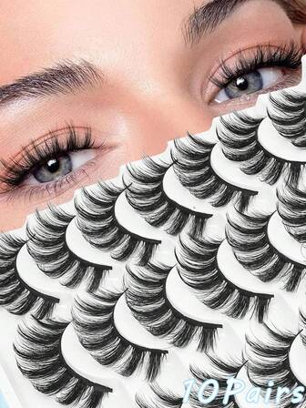 新款14对装漫画风假睫毛，3D水貂毛假睫毛，黑色睫毛带，自然款，簇状仙女风，万圣节角色扮演，漫画风，3D立体，大眼长款假睫毛，长度3-18毫米
