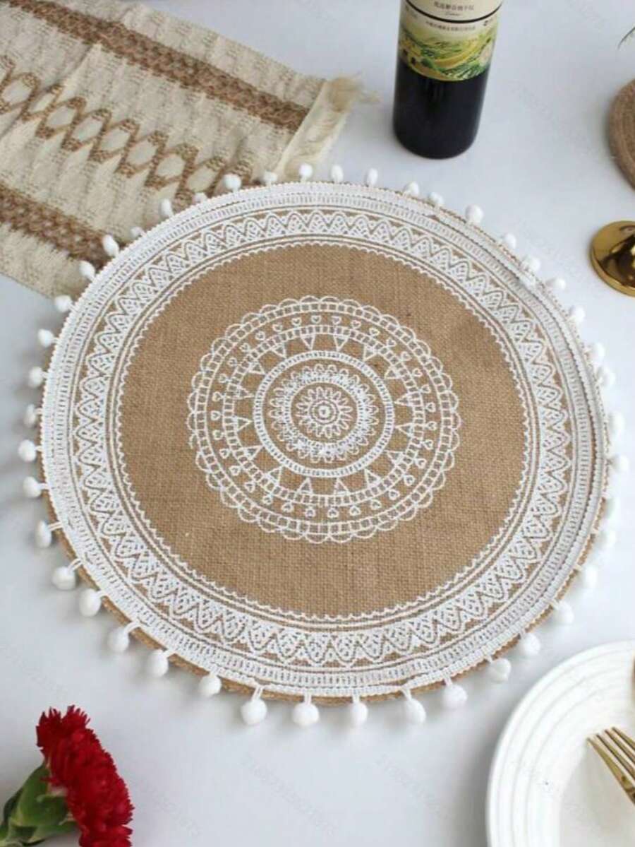 4pcs/6pcs/8pcs/10pcs Round Printed Linen Placemats, Heat-Resistant And Easy To Clean, Suitable For Outdoor Camping, Holiday Decoration, Wedding Decoration And Western Dining Table, Coasters For Tea Cups, Water Glasses, Wine Glasses, Coffee Cups, Round Absorbent Silicone Coaster Set, Suitable For Christmas Party, Halloween, Birthday, Valentine's Day, Coffee Bar And Kitchen Accessories, Home Decor - Multicolor - View 1
