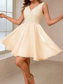 Women's Lace Organza Satin Elegant Wedding Guest Skirt, Mini Party Evening Dress White Formal Graduation Prom Dress, Elegant Easter Evening Gown - Champagne - View 3