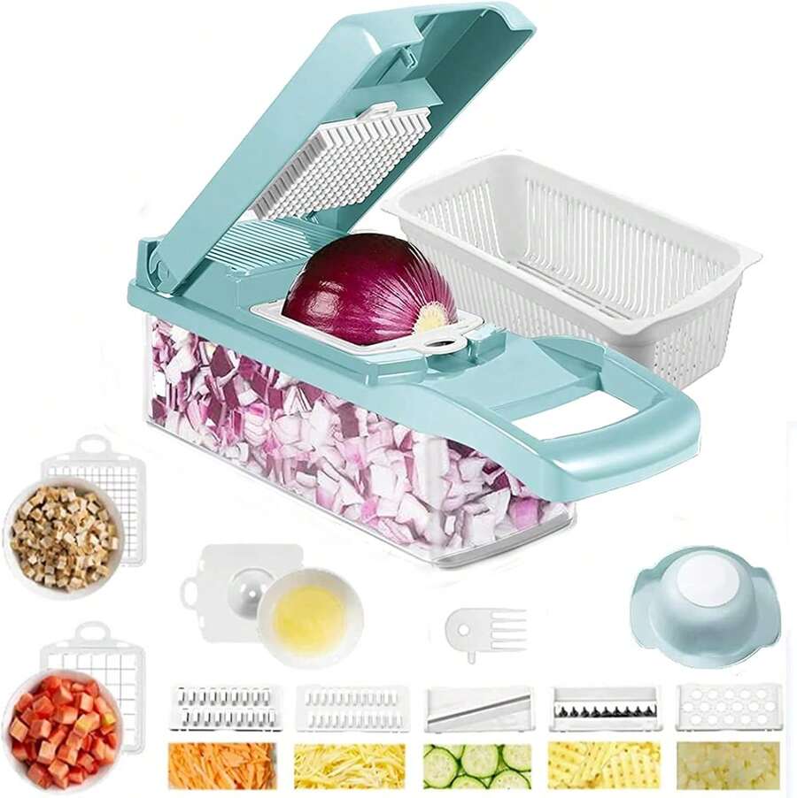 [Vegetable Slicer] 16In-1 Vegetable Chopper, Professional Onion Chopper, Multi-Functional Food Chopper, Kitchen Vegetable Slicer And Dicer, Vegetable Chopper With 8 Blades, Carrot Chopper With Container Father Gift - 升級版藍色 - 查看 1