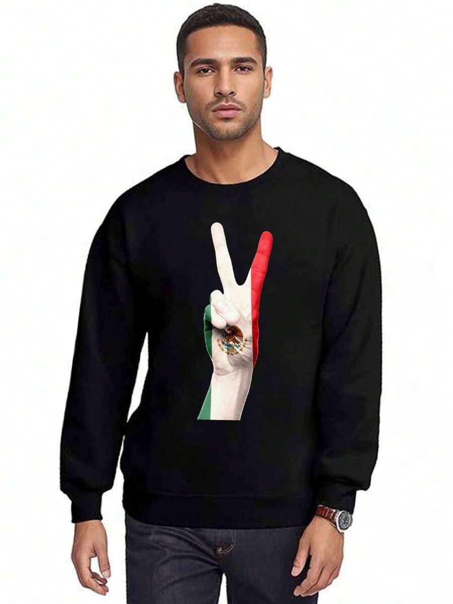Sudadera Con Cuello Redondo Victoria De La Bandera De México Moletom Confortável, Casual E Moderno Na Parte Superior Do Corpo Com Estampas Personalizadas Da Moda. - Negro - Ver 1