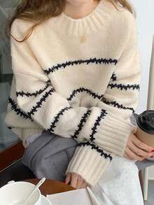 Jerséis de punto para mujer Nuevo otoño/invierno Prenda de punto a rayas Suéter de cuello redondo Prenda exterior Top - Blanco - Ver 7