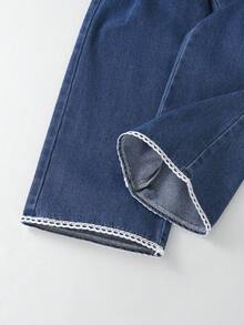 3pcs/Set Tween GirlsOutdoor Casual Outfit - White Long Sleeve Round Neck T-Shirt, Simple Button Denim Vest Jacket, And Wide Leg Long Jeans - Dark Wash - View 5