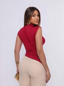 Elegant Basic Asymmetrical Blouse In Cool Knit Slim Fit With High Neck, Perfect For Christmas And Parties, Comfortable - Red - View 2