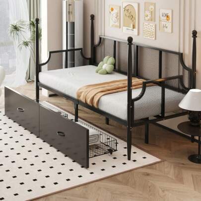 Eisenbetttsofa 90*200, Netzrückenlehne Und Armlehnen Im Vintage-Stil, Umgeben Von Hoher Säulenstütze, Metallrahmen Mit Ablagefächern, Eiseneinzelbett, Teenagerbett, Weiss