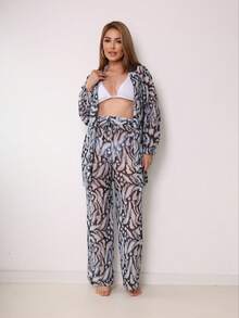Printed Tulle Beach Cover-Up Set, Shirt And Pants. - Black and White - View 3