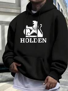 Men's Casual Hoodie, Lion Pattern - Black, With "HOLDEN" Print, Long Sleeve, Comfortable For Autumn And Winter, Everyday Pullover|Bold Print Hoodie|Soft Textured Fabric, Hoodie - 淺灰色 - 查看 2