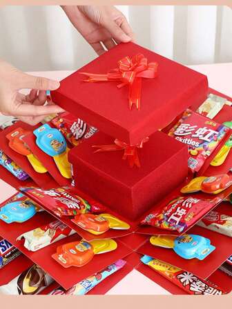 1个浪漫惊喜5层超大爆炸礼盒 | 圣诞节、新年、情人节、求婚、生日、婚礼DIY空盒，优雅红色带盖，附赠丝带，高级礼品包装盒，适合存放零食、糖果等