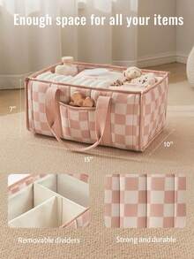 1pc Floral Diaper Caddy Organizer, Stylish Nursery Storage Basket - Gift For Baby Shower, Baby Registry Must Have, Newborn Essentials , Baby Caddy Organizer(Flower Prints In Randomized Positions) - Hồng kẻ ô vuông - Xem 2