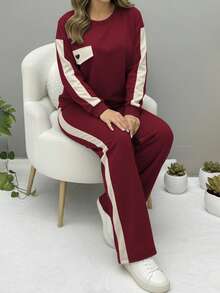 2pcs/Set Women Casual Round Neck Heart Pattern Long Sleeve Top And Pants Suit, Autumn/Winter - Burgundy 28 - View 4