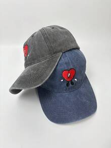 1 pieza Gorra de béisbol de denim vintage lavado con bordado de corazón, gorra snapback casual y versátil unisex - A - Ver 3