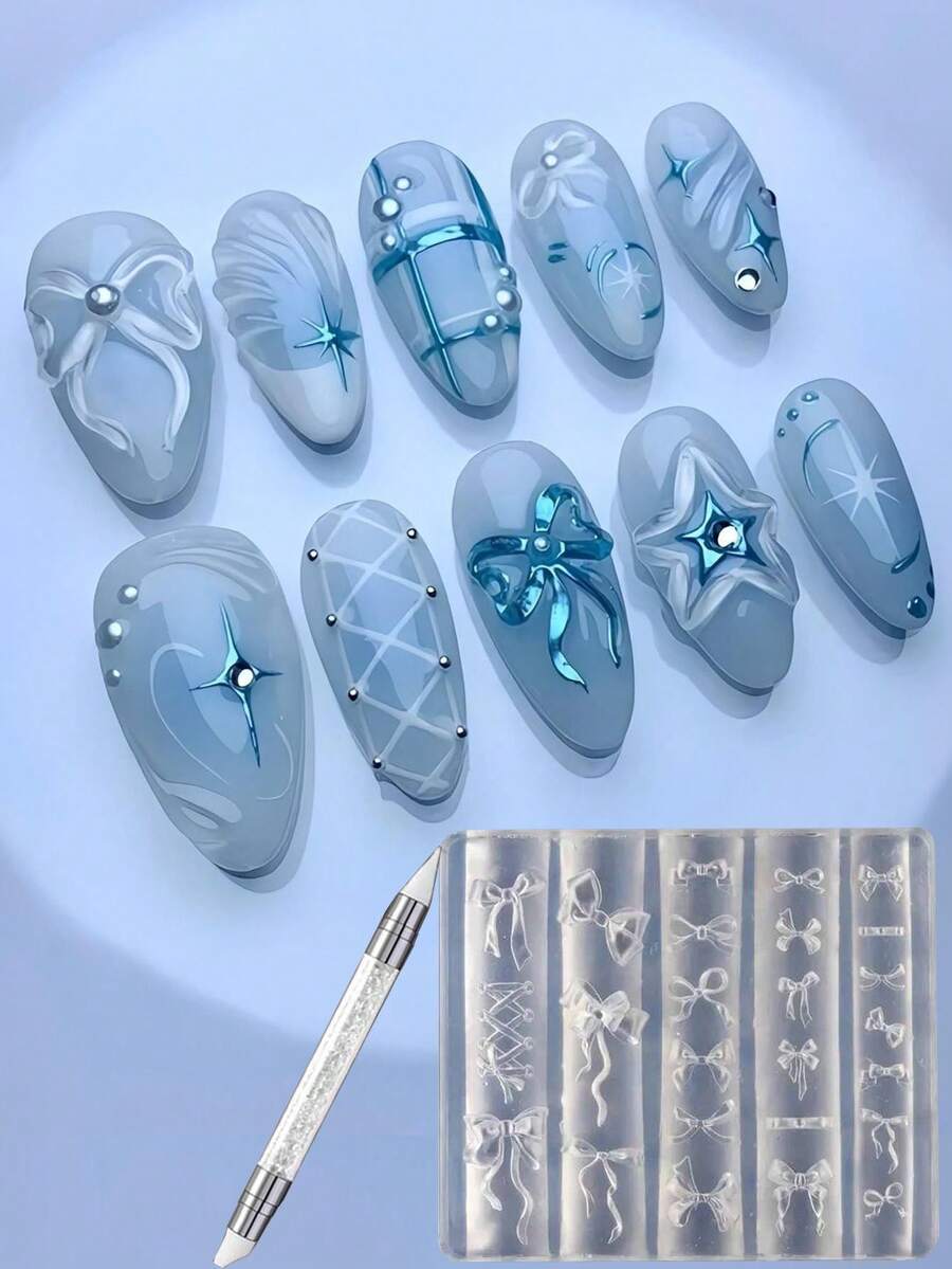 2Pcs 3D Bow Nail Molds Silicone Nail Tools With 1pc Pen,1pc 3D Cute Bow Nail Stencil DIY Nail Art Template, Reusable Mold For Salon Accessories & Manicure Decorations Nail Tools - Bowknot Nail Charms Ribbon Bows Carving Template For Nail Art Accessories