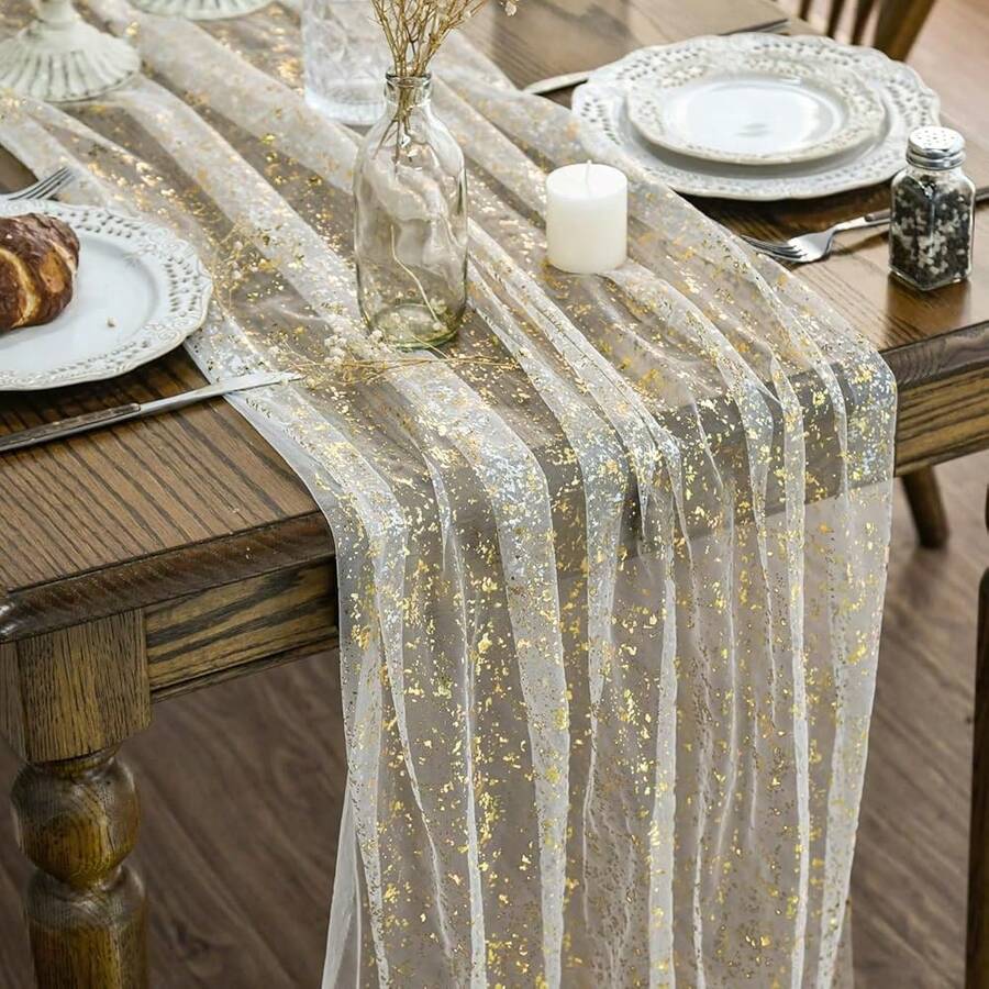Beige Gold Gauze Table Runner 120 Inch 10FT, Glitter Metallic Foil Sheer Dining Wedding Anniversary Holiday Birthday Table Decor For Home Party,28inchx120inch,BeigeGold - 米金色 - 查看 1