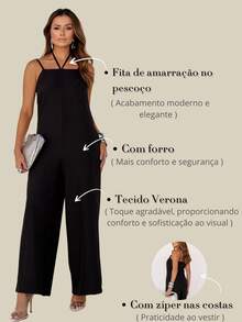 Women's Long Jumpsuit With Elegant Tie Detail - Black - View 6