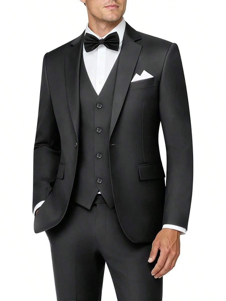 Mens 3 Piece Suits Tuxedo Suit Set Solid Prom Wedding Suits One Button Vest Pants Set With Bow Tie, Modern & Stylish - 深灰色 - 查看 1