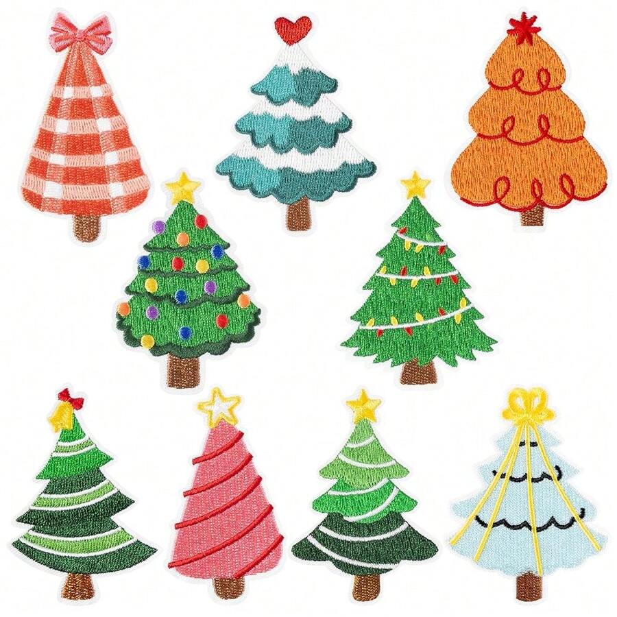 9 Pcs Christmas Tree Iron On Patches Colorful Buffalo Plaid Striped Star-Topped Xmas Pine Tree Sew On Repair Embroidered Applique Cute Festive Winter Holiday DIY Crafts Gifts For Clothing Backpack Hat,ChristmasTree - 聖誕樹 - 查看 1
