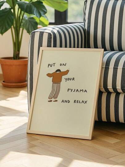 [2D-bild] 1 st. Relax Pyjamas Art Poster - Tecknad stil oramad canvasväggdekor med texten "Ta på dig pyjamasen och slappna av" och tecknad karaktärsdesign, mysig heminredning för vardagsrum, sovrum, kontor - perfekt julklapp till jul, Halloween, Thanksgiving, 2D-bild, perfekt för rumsinredning