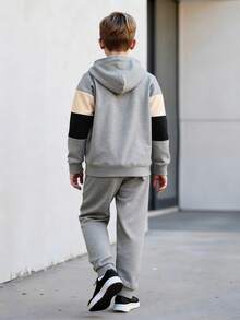幼儿/青少年男童秋冬季保暖长袖卫衣和宽松休闲运动裤两件套，灰绿色连帽拼接袖，韩版运动服套装 - 灰色 - 查看 3