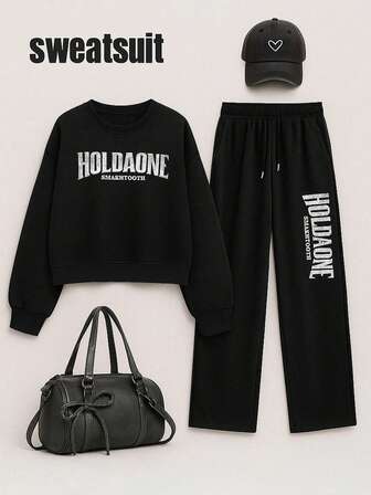 Women's Casual Fashionable Minimalist Outdoor Sports Sweatshirt And Pants Set, Autumn/Winter