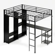 Queen Loft Bed With L-Shaped Desk And Storage Shelves, Queen Size Loft Bed Frame With Wardrobe, Hanging Rod, Guardrail And Ladder, Adults-Loft Beds Nosie-Free(Ship In 2 Boxes) - 黑色 - 查看 7