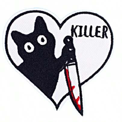 1个卡通字母黑猫刺绣布贴，DIY熨烫贴花装饰，适用于牛仔裤、夹克、帽子