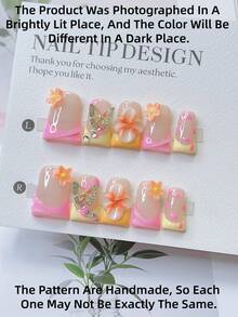 10pcs Handmade Y2K Nails Chic Duckbill Press On Nails Set - Handcrafted, Pink And Yellow French Style, 3D Handmade Flowers, Hand Drawn Pink Flowers, Pink Little Flower Elements Design, Sparkling Rhinestone & Golden Butterfly Accents - Suitable For Women And Girls, Party, Wedding, Daily Wear, Includes Tool Kit. Duck Nails. Press On Short Nails. Handmade Acrylic Press On Nails. Fake Nails. Nail Supplies - 彩色 - 查看 4