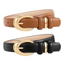 2pcs Fashionable Women's Shiny Gold Buckle PU Leather Belt, Suitable For Jeans, Pants, Dresses In Multiple Occasions - Black+Brown - View 11