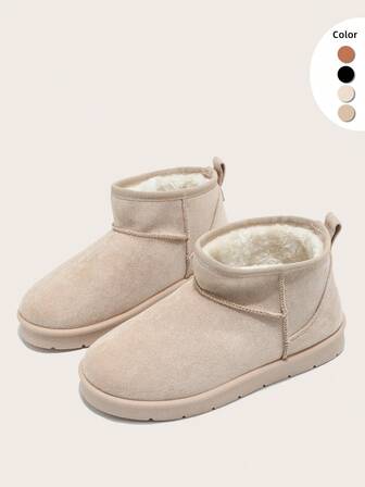 Women's Winter Bestselling All-Match Fashion Casual Fleece-Lined Thick Warm Waterproof Short Snow Boots, PVC Sole, Versatile Beige Short Boots