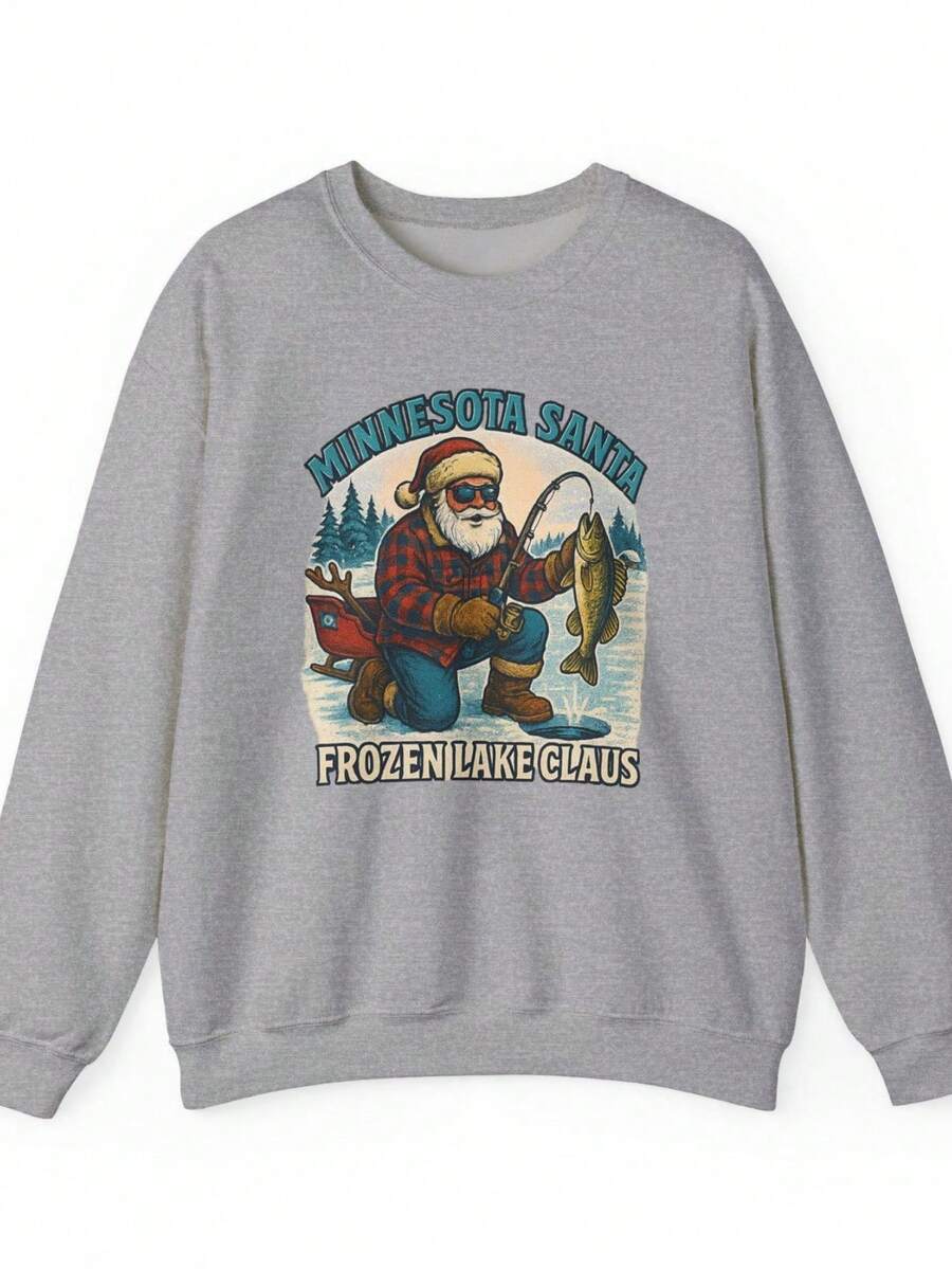 Santa Frozen Lake Claus Sweatshirt, Vintage Christmas Crewne-1 (2) - 深灰色 - 查看 1