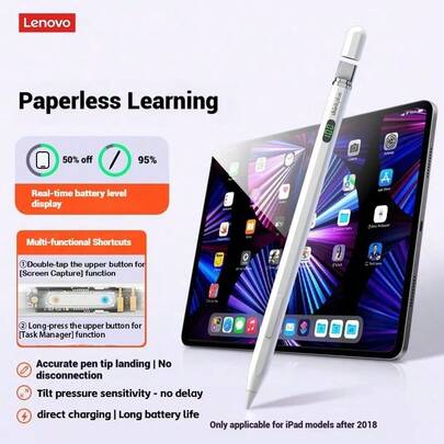 Lenovo BP26 Magnetic Stylus Pen, Compatible With All Apple IPad Models, Tilt And Pressure Sensitive, Seamless Latency And Anti-Interruption Touch, Bluetooth Display, Multi-Function Buttons, Metal Body, Ideal For Drawing And Creative Work.