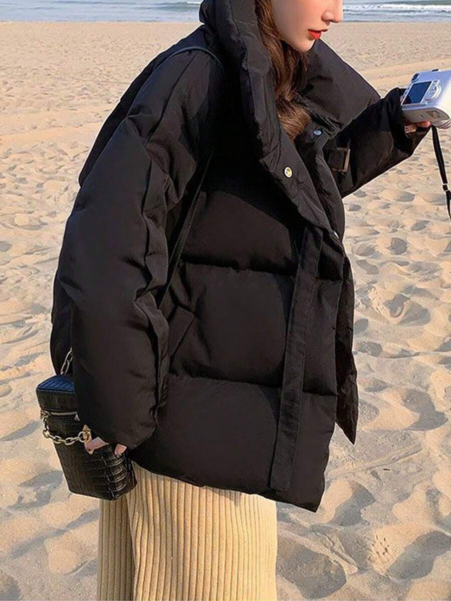 Versión coreana corta de la chaqueta de algodón de plumón chaqueta de algodón estudiantes pan ropa chaqueta Abrigo de algodón de moda invernal para mujer: chaqueta corta de algodón rellena de plumón estilo coreano Abrigo estilo pan de estudiante: chaqueta de algodón gruesa, cálida y holgada con cierre de hebilla diagonal - Negro - Ver 1