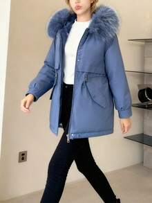 Parka acolchada de invierno Chaqueta de algodón Suelta Chaqueta de algodón Abrigo Abrigo de algodón de largo medio para mujer Nuevo estilo invernal con forro polar y diseño grueso Cuello de piel grande Chaqueta de algodón de estilo coreano Parka de largo medio con capucha, cremallera y botones Bolsillos y cuello de piel Parka inspirada en la ropa de trabajo Corte holgado y cálido - Azul - Ver 9
