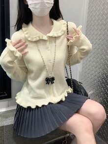 Cárdigan de punto con cuello Peter Pan y volantes, estilo coreano dulce y suave, para otoño/invierno - Albaricoque - Ver 4